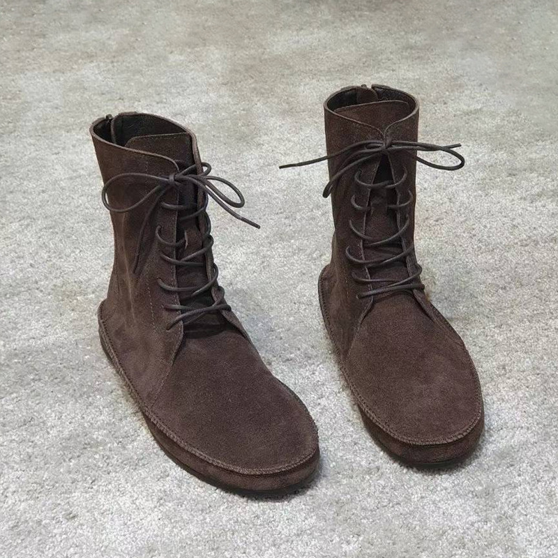 2025 Korean Style Autumn and Winter New Flats-Soled Lace-Up Zipper Mid-Calf Boots Retro Versatile Boots Genuine Leather Short Boots