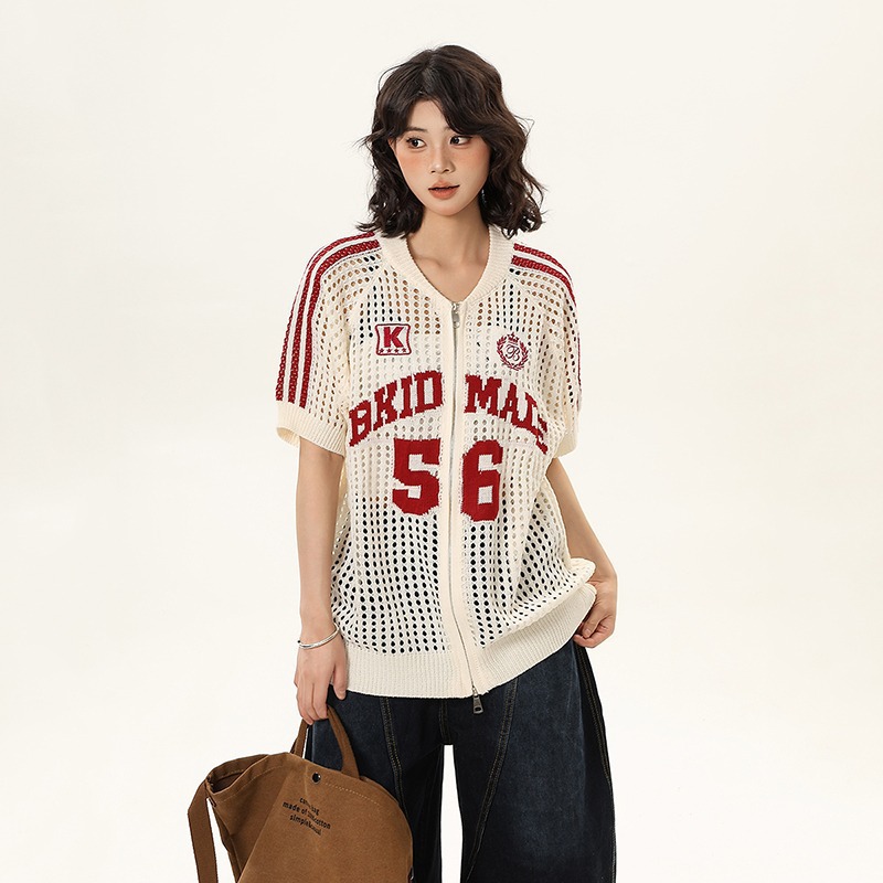 Summer New Style Hollow Short-Sleeved Tops for Men, Knitted American Retro Jersey Letter Design Knitted Tops Trendy