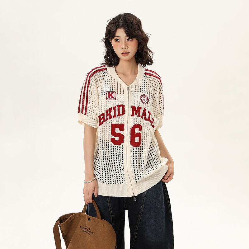 Summer New Style Hollow Short-Sleeved Tops for Men, Knitted American Retro Jersey Letter Design Knitted Tops Trendy