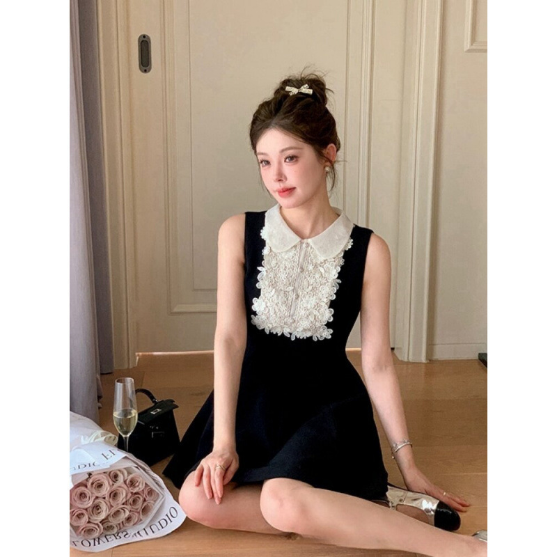 Yang Xiaojuan's Same Style as Lucy'S: Miu-Style Lace Doll Collar Black Dress, French-Style Sleeveless Little Black Dress for Women Yang Xiaojuan's Same Style as Lucy'S: Miu-Style Lace Doll Collar Black Dress, French-Style Sleeveless Little Black Dress for Women