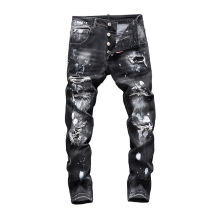 外贸男士牛仔裤破洞黑白泼墨贴布潮流弹力修身小脚裤高档休闲欧美