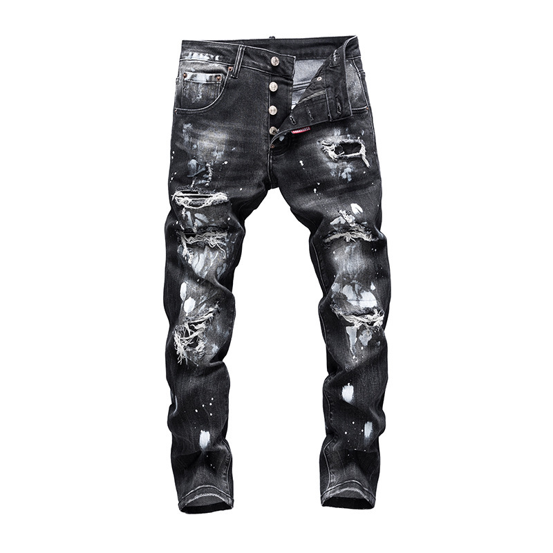 Men's Ripped Black and White Ink Splatter Patch Trendy Stretch Slim Fit Skinny Jeans High-End Casual European and American Style