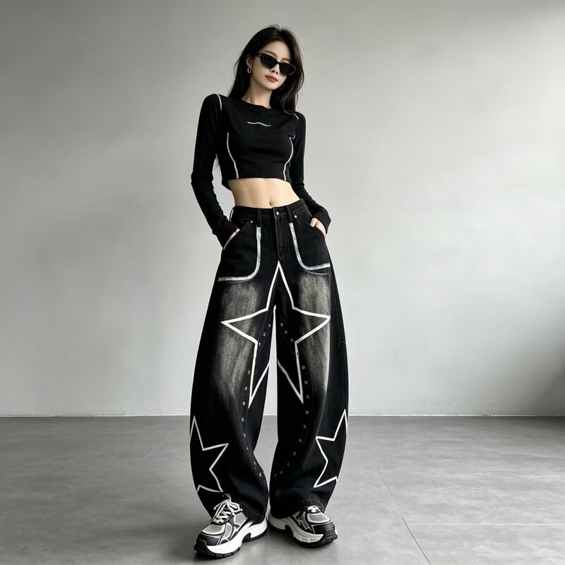 American high street style pentagram hand-painted graffiti jeans for men and women, loose fit, wide-leg, washed and distressed, punk style long pants