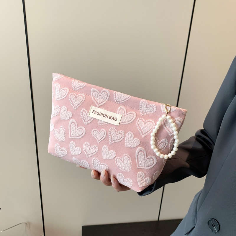 Korean-Style Sweet Peach Heart Toiletry Bag, Contrasting Color Skincare Storage Bag, Travel Canvas Portable Casual Makeup Bag