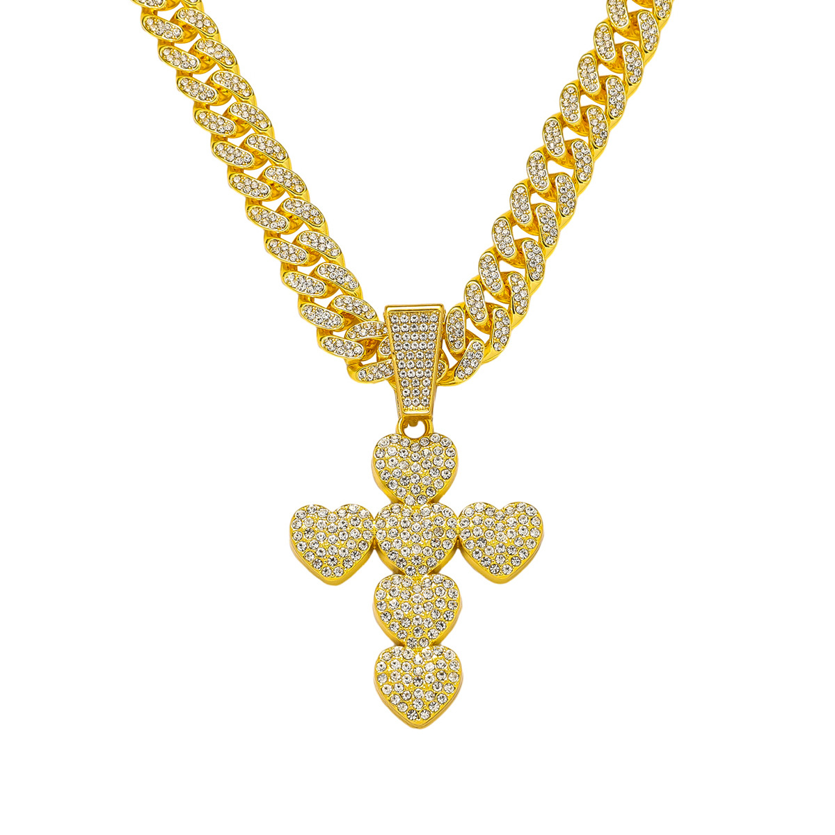 30g Weight Zinc Alloy Pendant Material Rhinestones Inlay Material New Personalized Men's Full Diamond Chain Hip Hop Style Heart-Shaped Cross Pendant Necklace