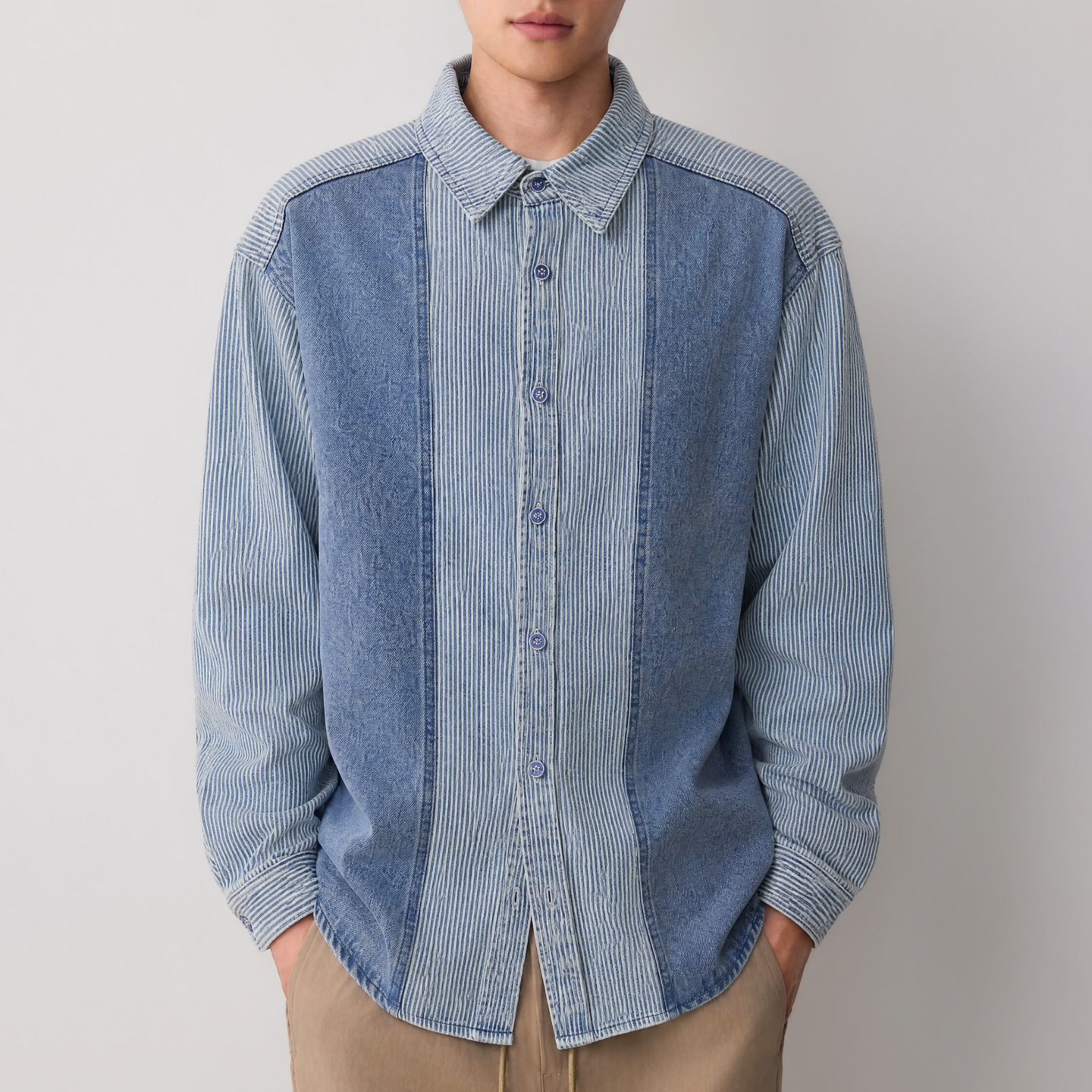 Áo sơ mi denim nam tay dài phong cách cổ điển sọc nối — Cao bồi xanh