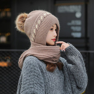Wool Hat and Scarf All-in-One Women's Winter Sweet Cute Korean-Style All-Match Fleece-Lined Thickened Warm Neck Protection Knitted Hat