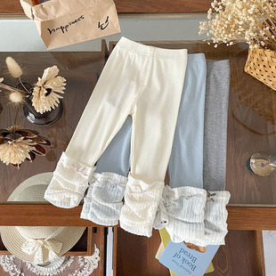 [Ready Stock] Qk252101 Girls' Leggings 2025 Autum New Lace Bow Casual Leggings Trendy
