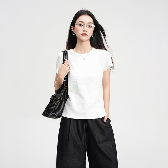 Jiyou Sweet Spice Shoulder Round Neck Cool Short-sleeved T-shirt Women's Summer 2025 New Slim-fit Thin White Top
