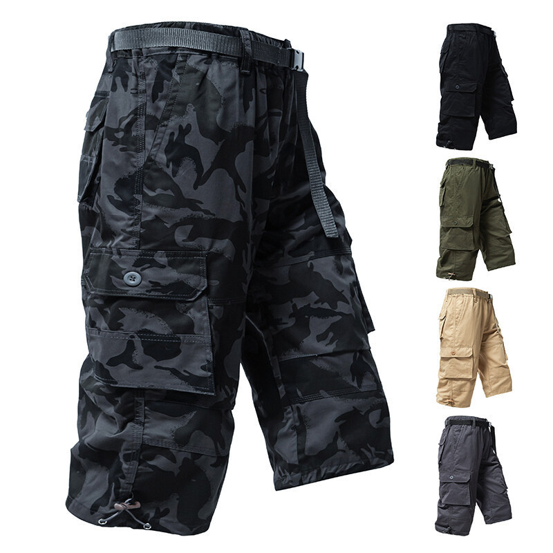 Summer Thin Cotton Cargo Pants for Men, Loose Straight Mid-Length Pants, Trendy Brand, Durable and Wear-Resistant 7-Point Shorts