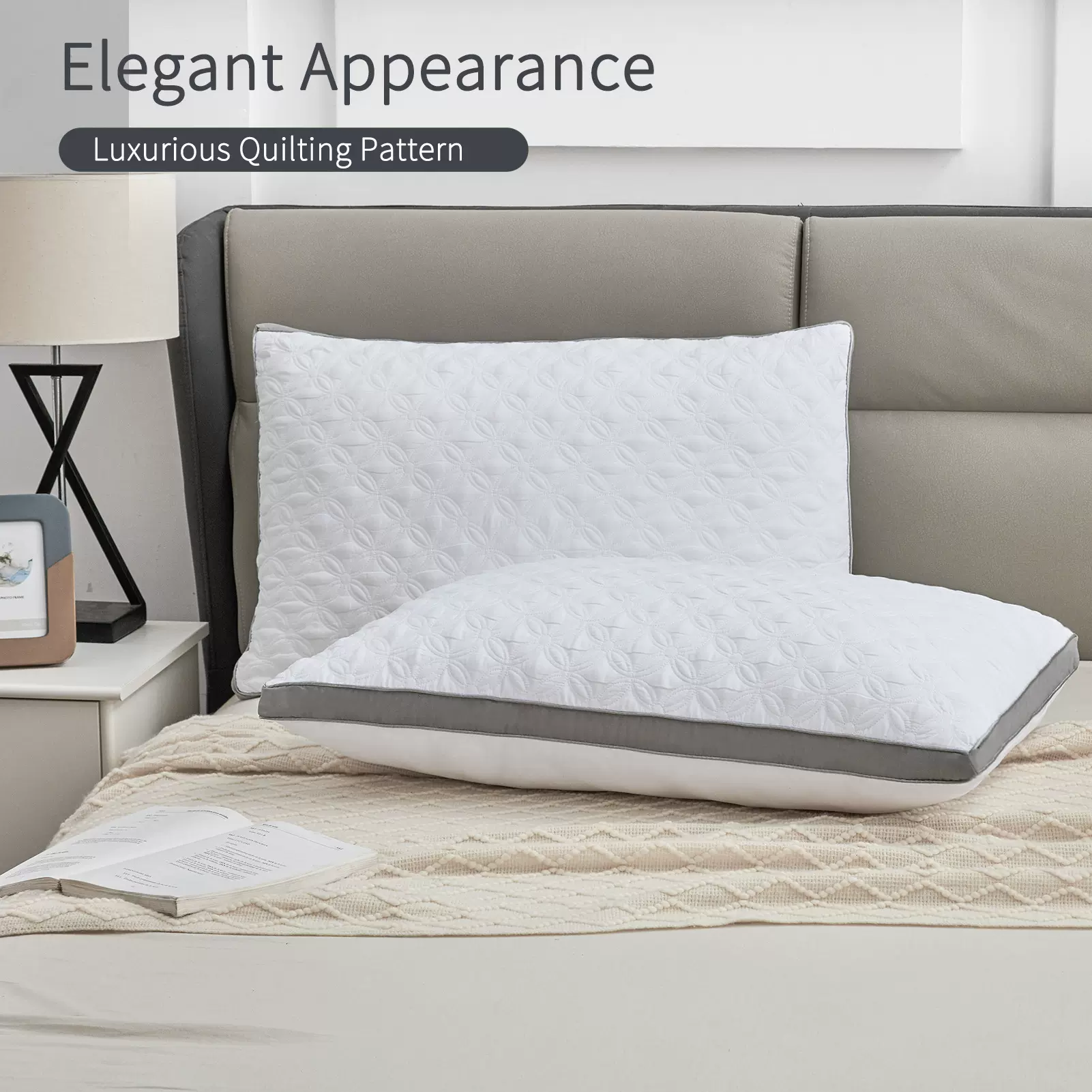 灰色铜钱花绗绣枕头双人男女枕助睡眠枕芯抗菌双边绗缝双边高弹枕