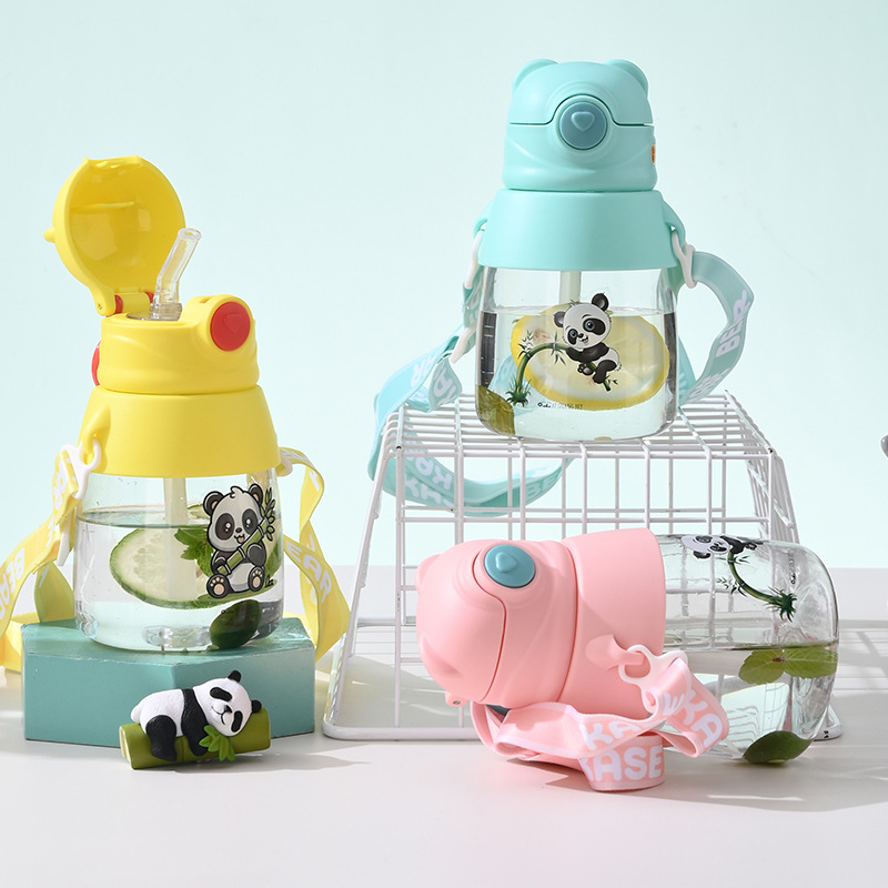 Bebé lindo oso taza de agua rebotar dibujos animados bebés taza de bebida taza de paja oso correa antideslizante portátil