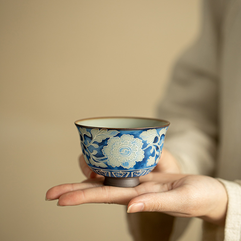 Yuan Blue and White Ru Kiln Peony Tea Cup Master Cup Guest Cup Tea Cup Ceramic Tea Set Can Open Piece Pressed Hand Cup Kung Fu Tea
