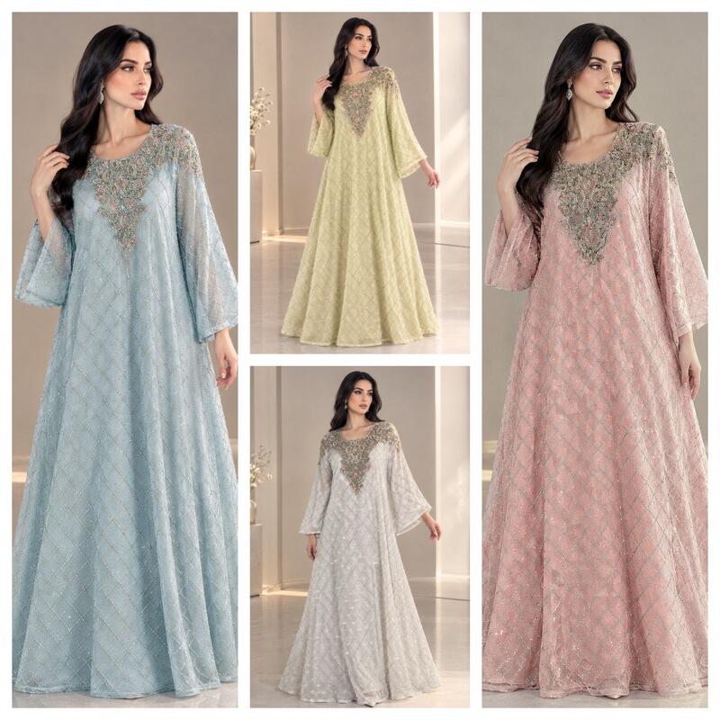 Mesh rhombus full-length rhinestone dress with round neckline, three-dimensional heavy embroidery, pearls, loose fit, and long, flowing skirt
