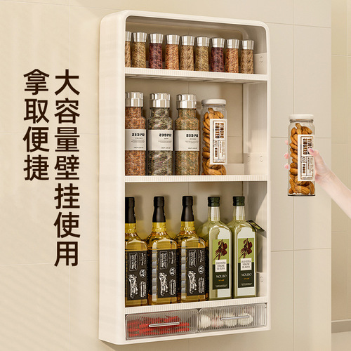 Kitchen wall-mounted shelf without drilling, household storage rack, multi-functional seasoning and utensil storage box, countertop storage
