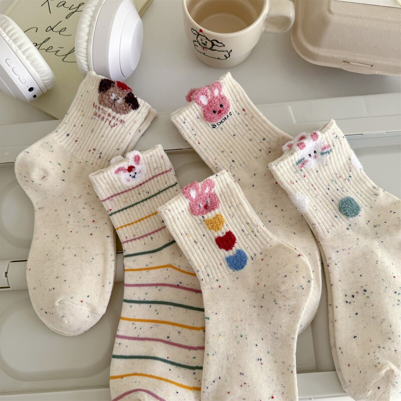 Cute Bunny 2026 Spring/Summer Socks for Women Japanese Cartoon Heart Rabbit Dot Pattern Cotton Mid-Calf Socks for Spring and Autumn Cute Bunny 2026 Spring/Summer Socks for Women Japanese Cartoon Heart Rabbit Dot Pattern Cotton Mid-Calf Socks for Spring and Autumn