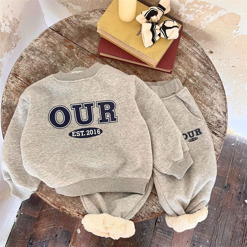 Kid's Clothing Spring And Autumn And Winter Boys And Girls Printed Letters Warm Tide Treasure Plus Velvet Thickened Our Sweatshirt Suit_voghion.com