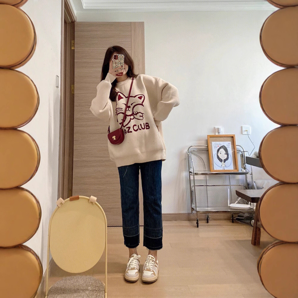 한국 스타일 게으른 스타일 풀오버 스웨터 여성의 가을 및 겨울 느슨한 디자인 젠틀 두꺼운 둥근 목 외신베이스 스웨터