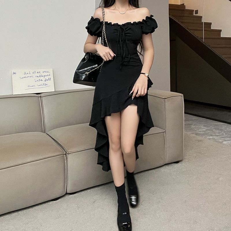 黒のフリル不規則なスカートの女性の夏の新しいワンショルダードレスウエストセクシーな気質スカート女性|undefined