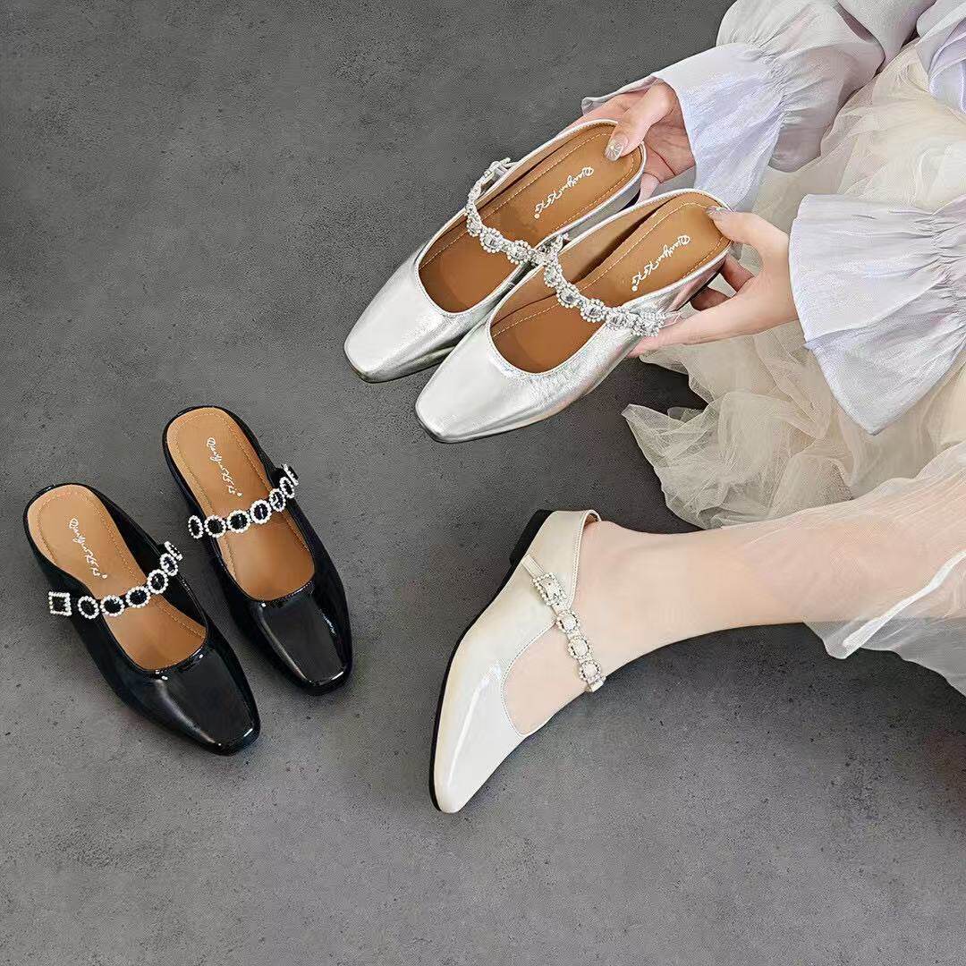 Dép mule nữ da thật mũi vuông gót thấp đế mềm chống trượt — màu be chi tiết 1