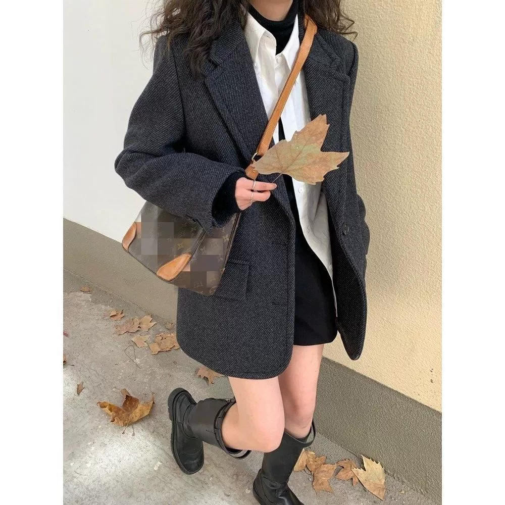 Шерстяной пиджак женский осень-зима 2024 новая корейская версия ретро твил темперамент свободный костюм пальто