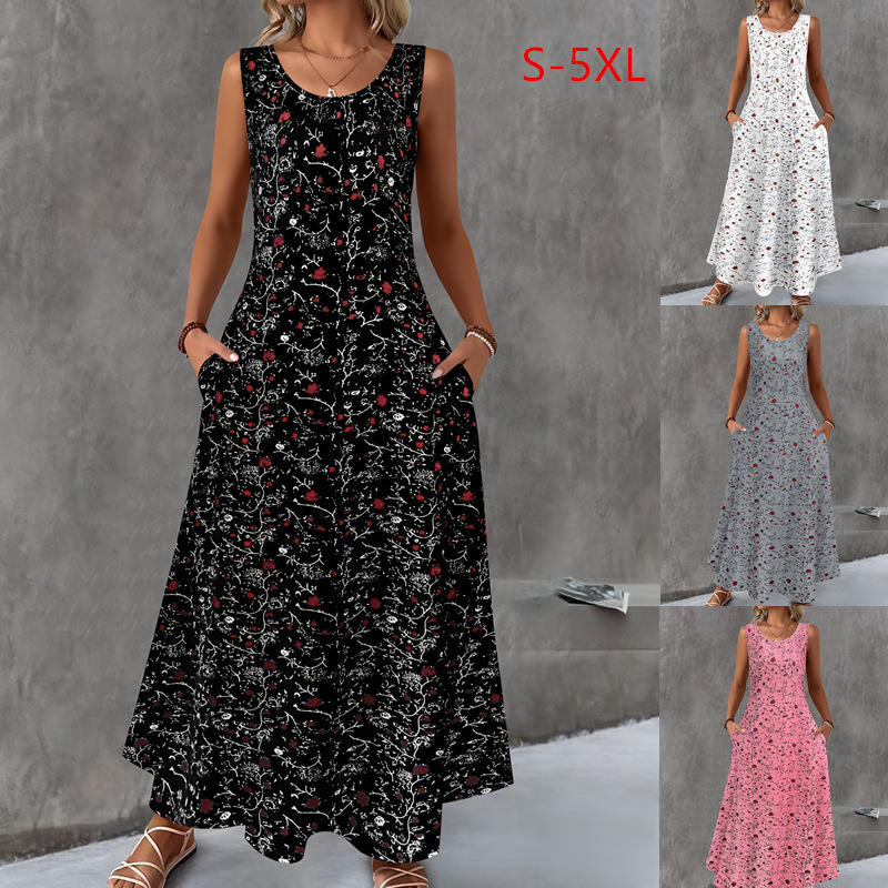Amazon Cross-Border European and American Floral Dress for Women 2025 Round Neck Sleeveless Floral Print Pocket Dress