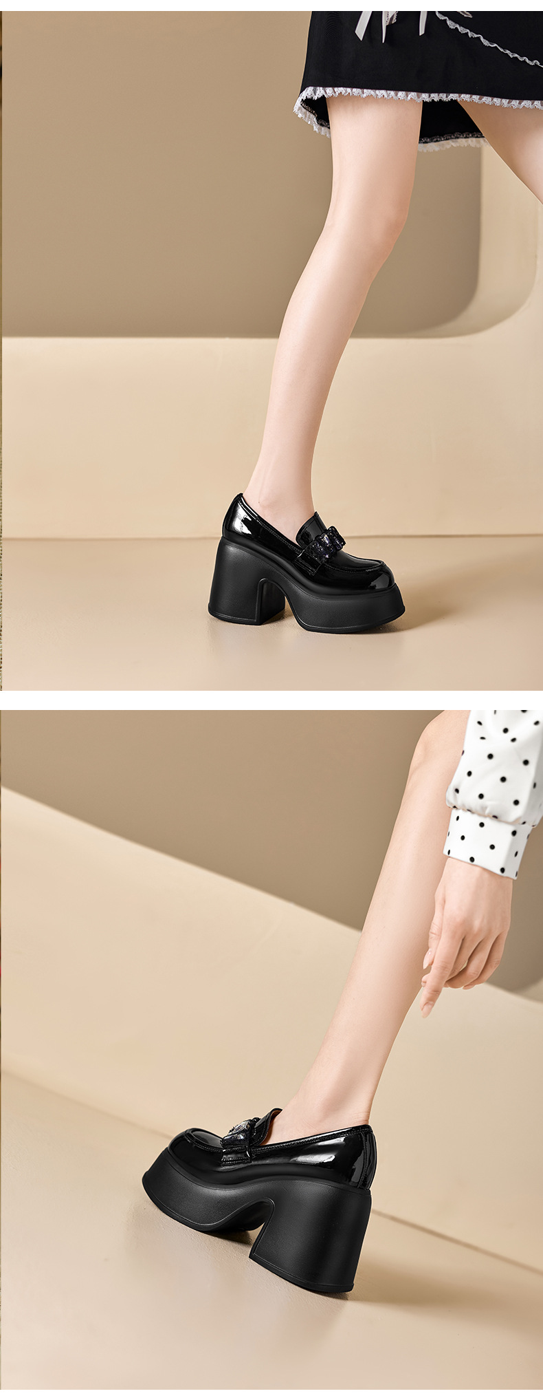 Giày loafer nữ mũi tròn gót vuông đính đá phong cách JK — màu đen, màu trắng ngà chi tiết 9