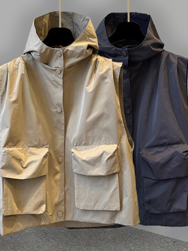 Solid Color Cardigan Hooded Outerwear Vest Jacket Spring and Autumn Trendy Workwear with Three-Dimensional Pocket Design Jacket for Men and Women