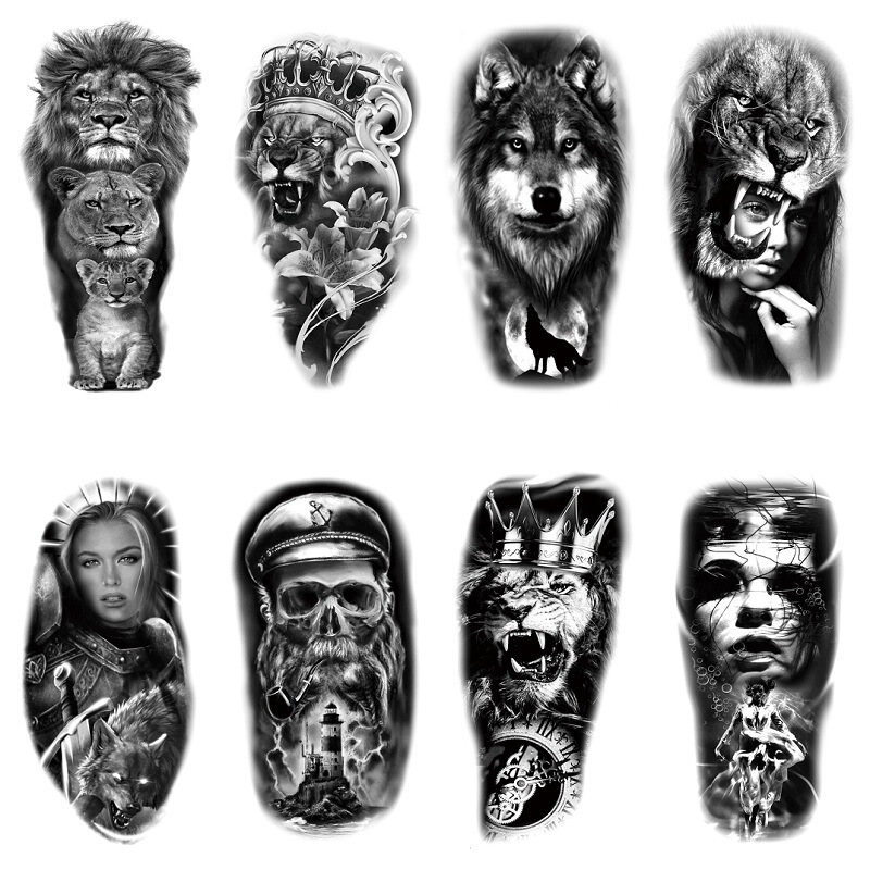Small full arm XQB new black retro lion beauty animal half arm water transfer cross-border spot tattoo stickers