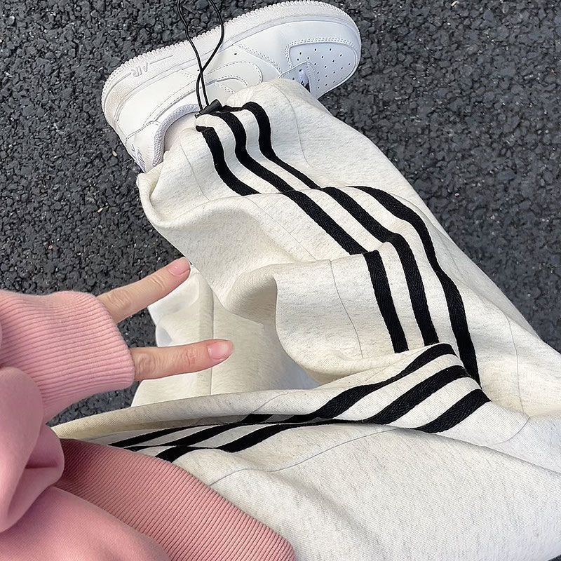 Grey American Sports Pants Women's Spring and Autumn 2024 New High Waist Loose Casual Striped Straight Short Wide Leg Pants