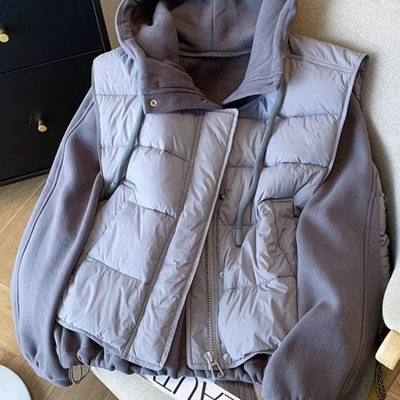 Plus-Size European-Style Two-Piece Set for Women in Autumn and Winter: Stylish down Cotton Vest and Large Hooded Fleece Sweatshirt