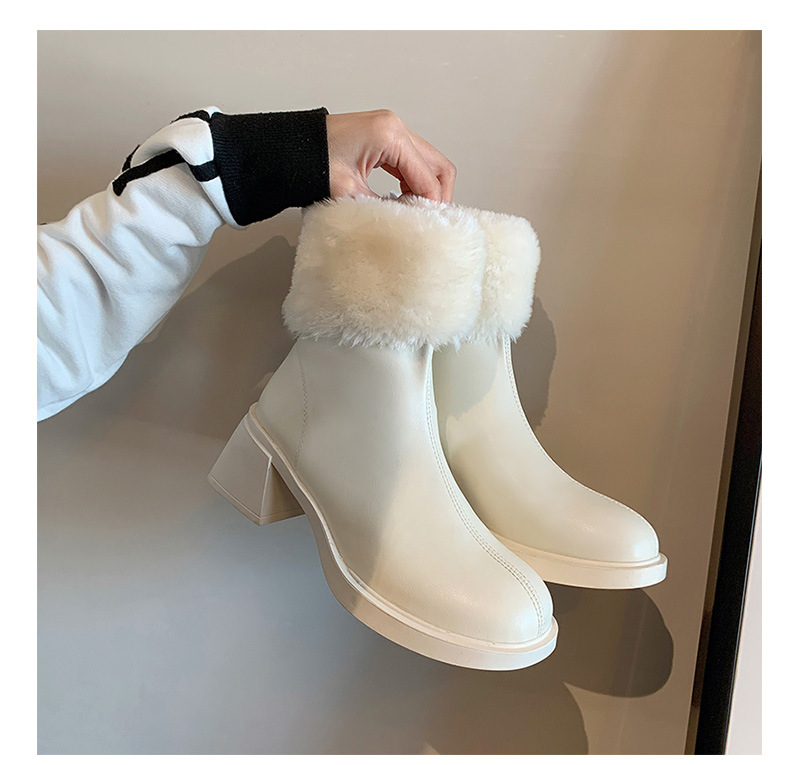 Women’s White Ankle Boots With Velvet Lining And Block Heels_voghion.com