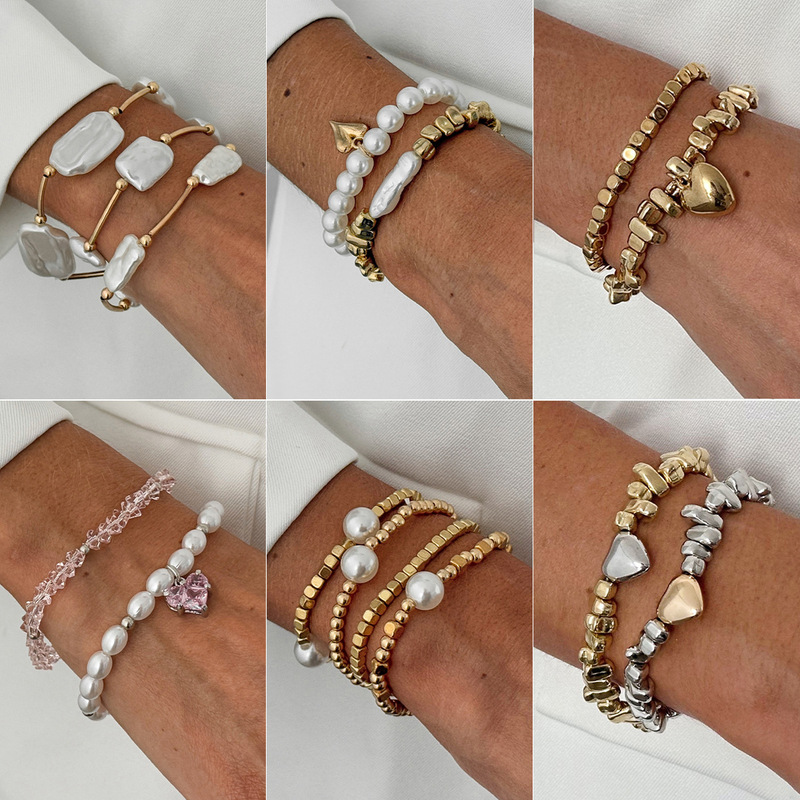 European and American Beaded Stacked Imitation Pearl Bracelet Women's Heart Sparkling Diamond Pendant Bracelet Niche Gravel Bracelet Jewelry