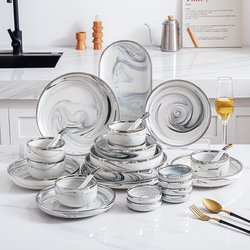 Light Luxury Tableware Bowl and Dish suit High-grade Marble Pattern High-value Bowls and Dish Housewarming Household Bowl and Chopsticks Combination