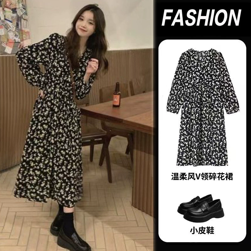 Женский французский 20024 осенний большой размер цветок нишевые дизайн ретро V-образный вырез