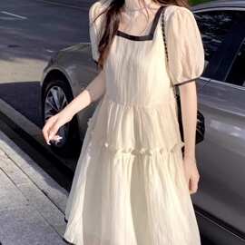 撞色方领雪纺连衣裙女2026夏季大码微胖mm宽松显瘦泡泡短袖a字裙