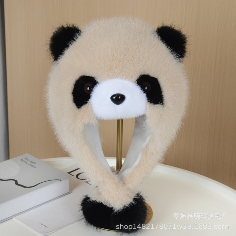 熊猫帽子冬季帽子加厚仿皮草可爱卡通护耳毛茸茸防风冬天帽子|undefined