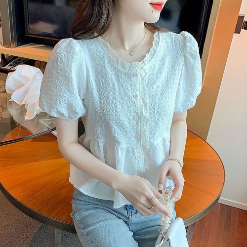 French-style, belly-baring women's summer skirt top, slimming, stylish, 2025 new arrival short-sleeve chiffon blouse