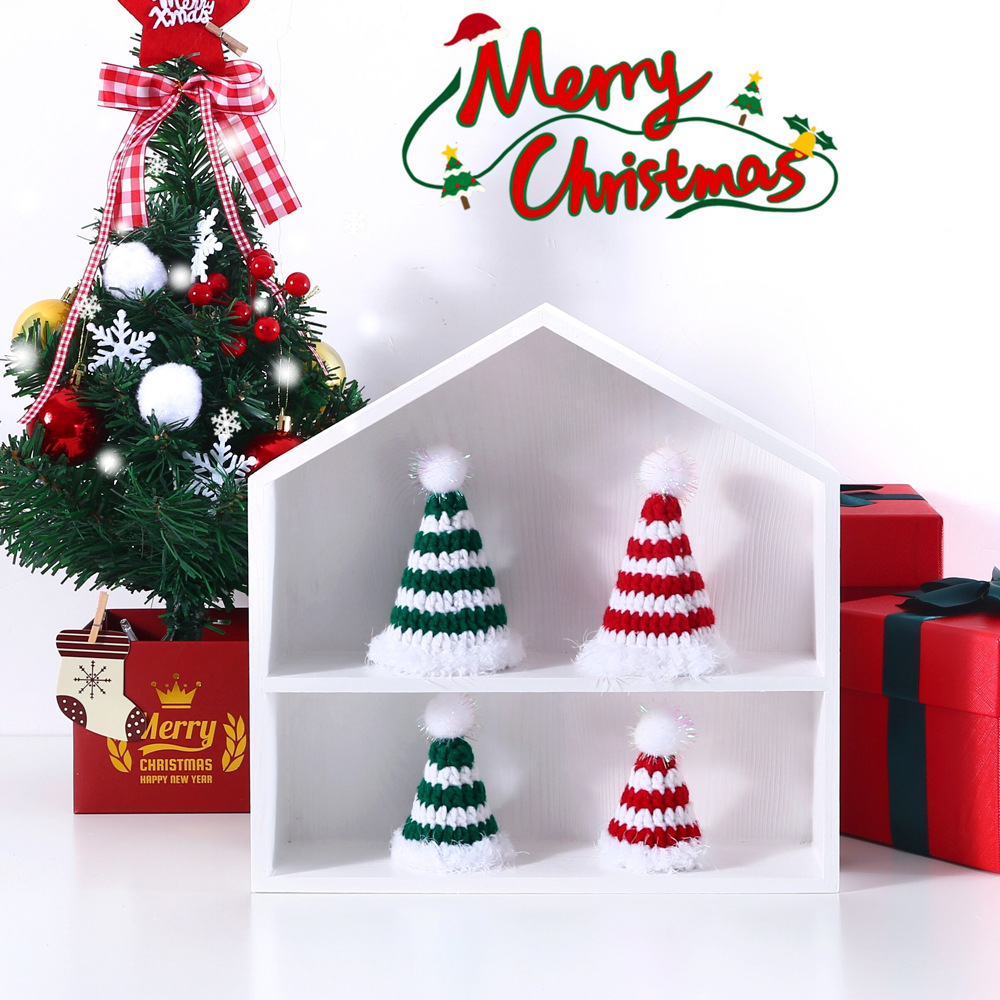 Mascota gato oso de peluche conejo perro lana mano gancho rojo y verde rayado tridimensional sombrero de Navidad accesorios tocado image 4