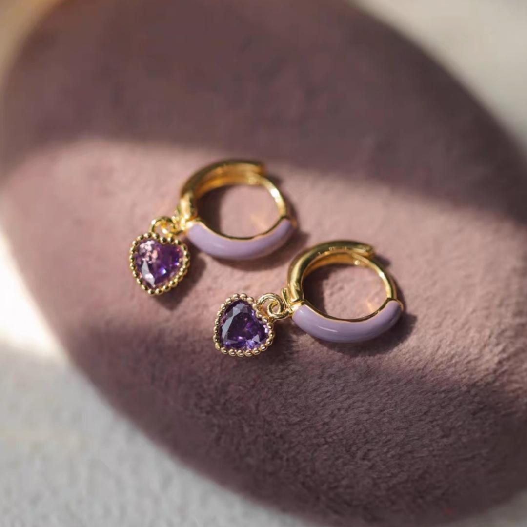 Italy~Sweet Oil-Dropping Enamel Purple Heart Earrings for Women, High-End Niche Design, Simple Earrings and Earrings