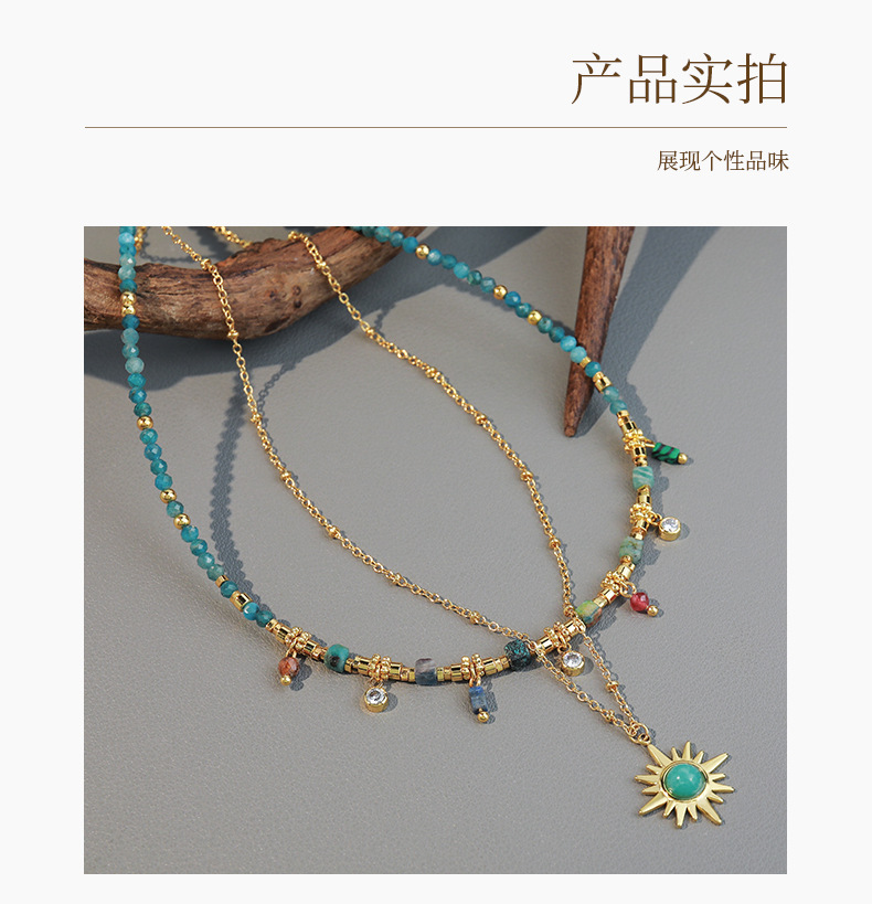 Linglang Natural Malachite Beaded Necklace Boho Style 18K Gold-plated Layered Necklace Natural Stone Jewelry