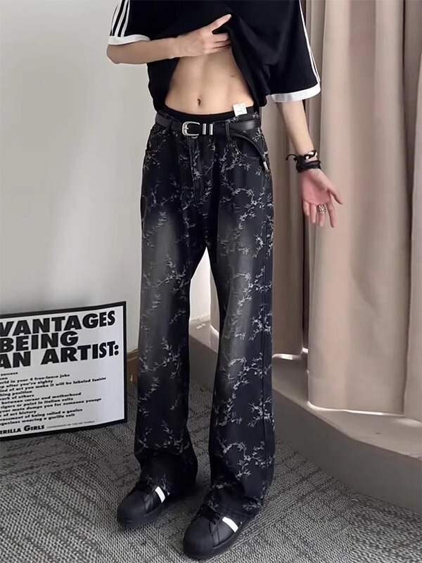 黑色荆棘提花牛仔裤男款夏季痞帅高级感微喇裤子美式高街vibe长裤|undefined