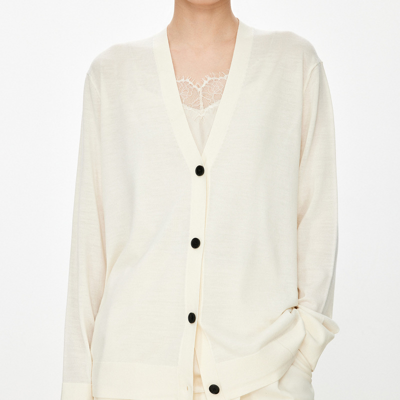 Minimalist and Luxurious Joc Cloud-Soft Wool Double-Layer Collar Asymmetrical Twist V-Neck Single-Breasted Knitted Cardigan for Women