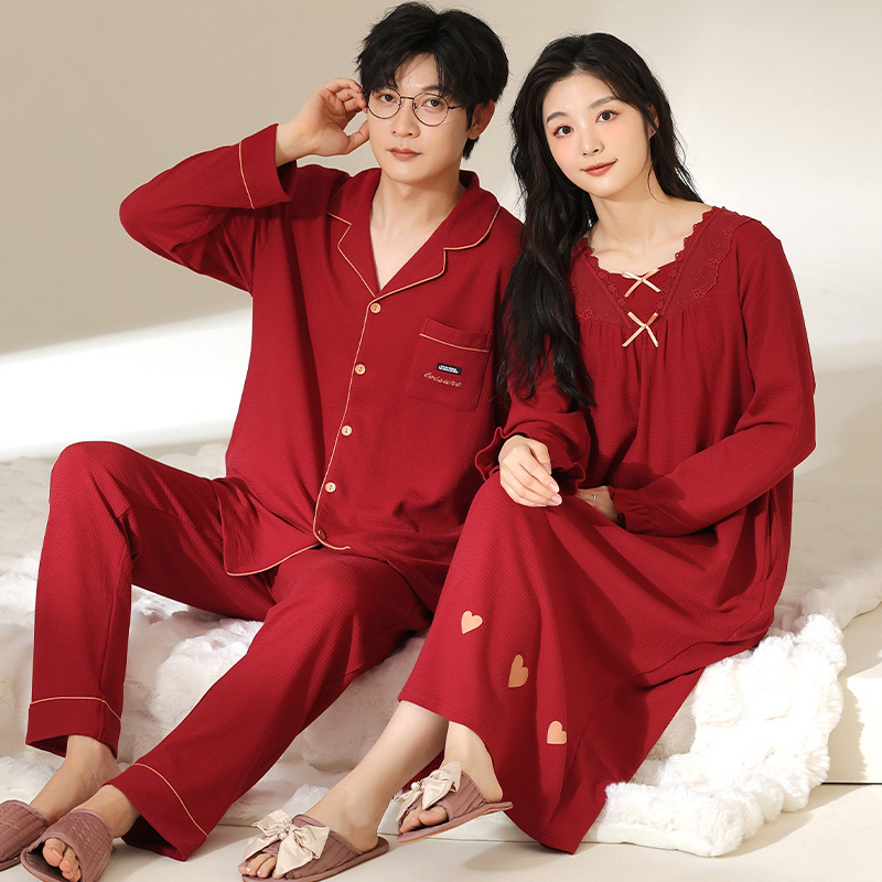Red Pajamas Wedding Newlywed Couple suit Spring and Autumn Pure Cotton Pregnant Women's Nightgown Men's Long Sleeve Autumn and Winter