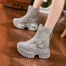高帮老爹鞋女2025秋冬新款松糕底阿甘鞋满钻厚底小个子内增高女鞋