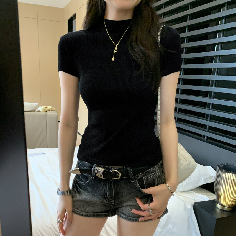 ホット販売リヨセルテンセル薄いハーフタートルネックショルダー半袖セーター女性のための 2025 夏の新しい Tシャツトップ|undefined