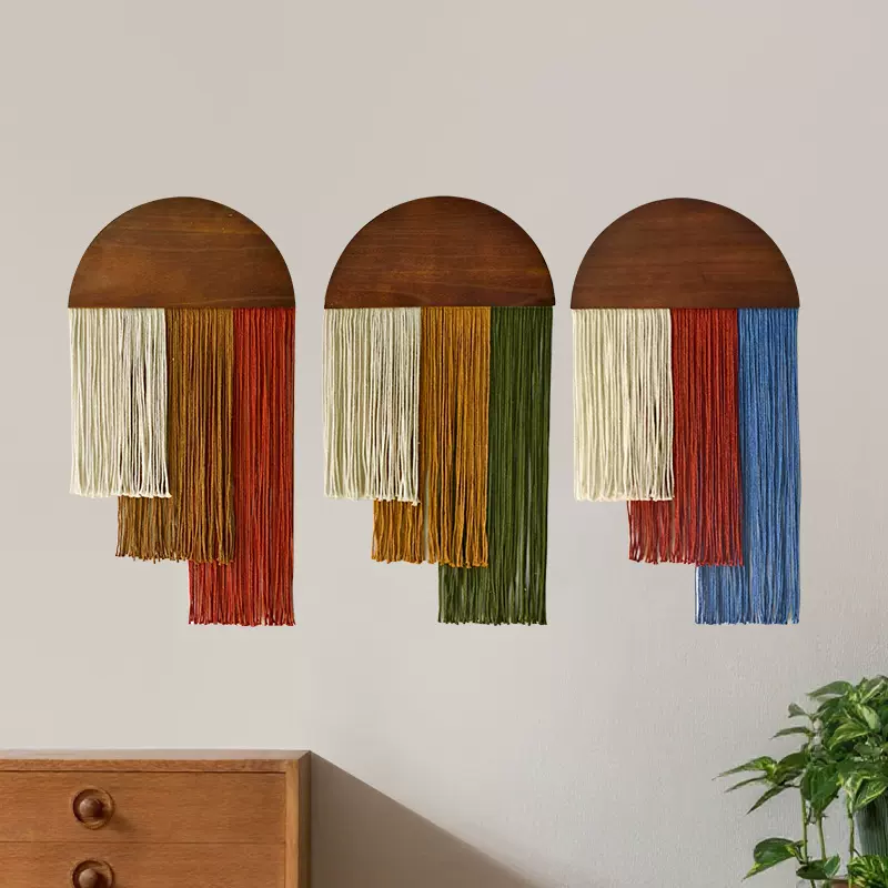 北欧风木板棉绳流苏挂毯三色阶梯状流苏壁饰民宿客厅摄影道具壁挂