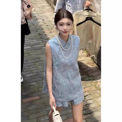 在庫あり 2025 超人気の夏の女性の新しい中国風のブルーのノースリーブトップとショーツスーツの完全なセット