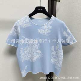 高品质26夏季撞色青花瓷花卉印花宽松休闲T恤圆领百搭短袖上衣女