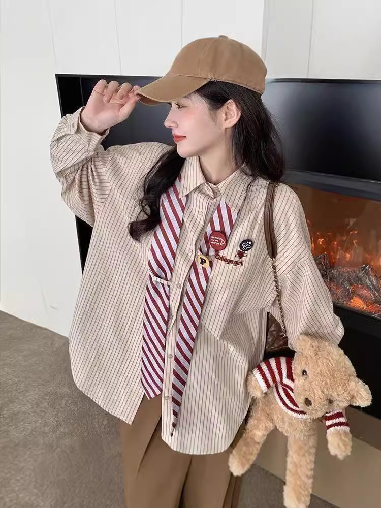 美式vintage学院风衬衫长袖女装新款设计感领带条纹衬衫女上衣